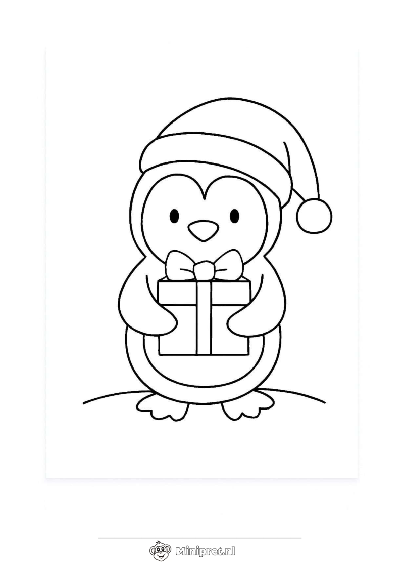 Kerstpinguin met Cadeau kleurplaat — gratis kleurplaat