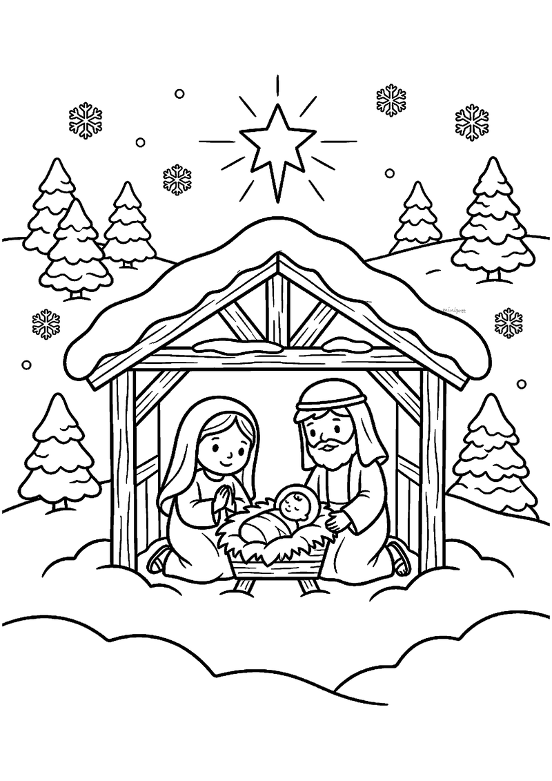 Maria en Jozef knielen bij baby Jezus in besneeuwde stal onder grote stralende ster.