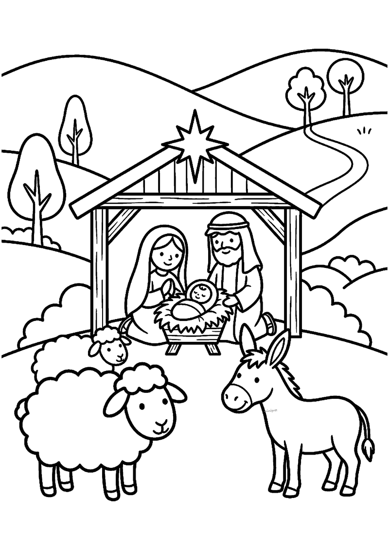 Kerststal met Maria, Jozef, Jezus, schaap en ezel in golvend heuvellandschap.