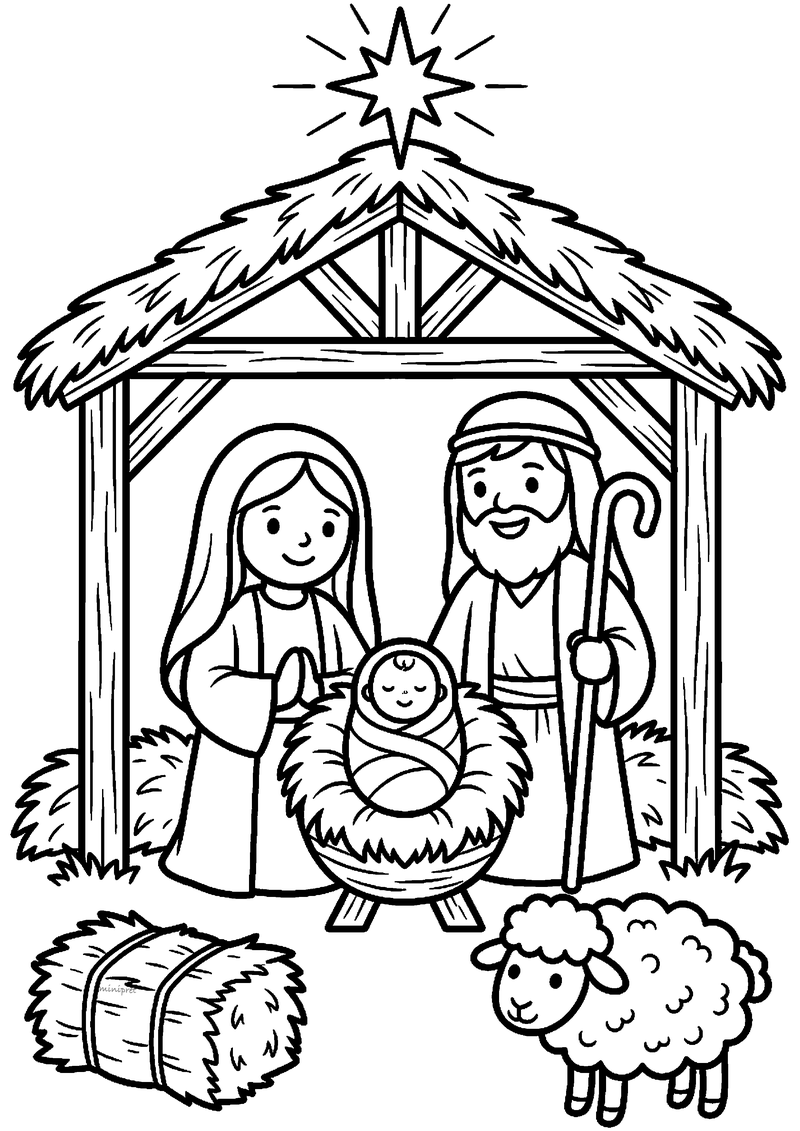 Maria en Jozef bij baby Jezus in stal met rieten dak, schaap en hooibalen.