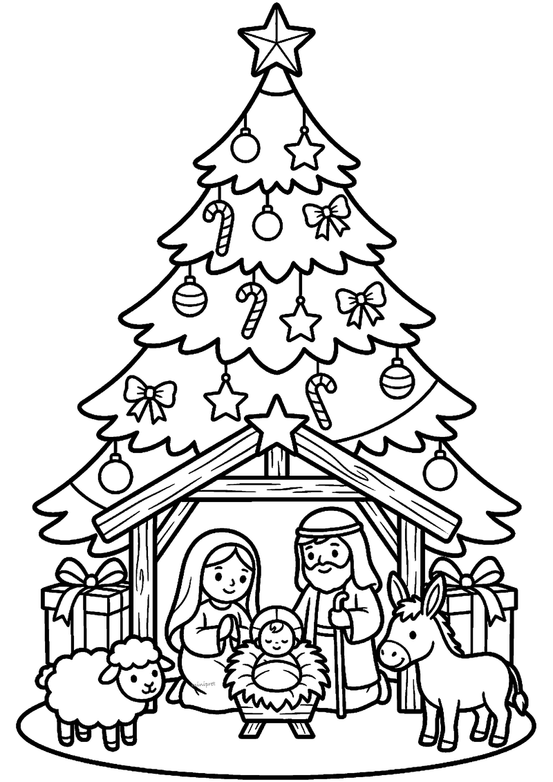 Klein kerststalletje met heilige familie, ezel en schaap onder grote versierde kerstboom.