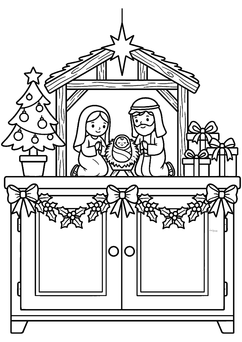 Kleurplaat van een kerststal met Maria, Jozef en kindje Jezus bovenop een kast met hulstslinger en strikken.