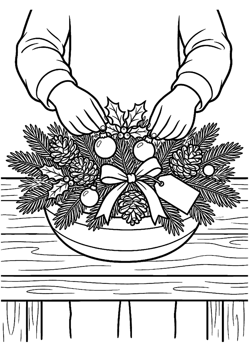 Kleurplaat van twee handen die een kerststukje maken met dennentakken, dennenappels, kerstballen en een strik in een.