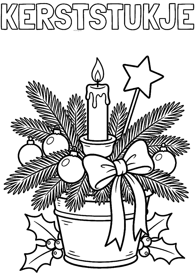Kleurplaat van een kerststukje in pot met brandende kaars, kerstballen, ster, strik en hulstblaadjes met titel.