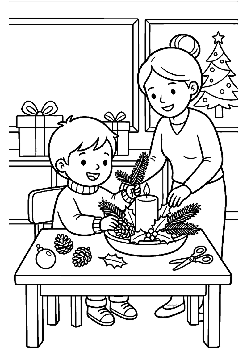 Kleurplaat van kind en juf die samen een kerststukje met kaars en dennentakken maken aan tafel, kerstboom en cadeaus.