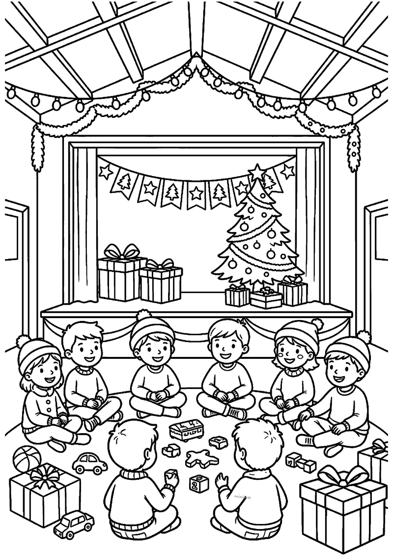 Kleurplaat van zes kinderen op de grond met cadeautjes en kerstkoekjes voor een podium met kerstboom en lichtjes in de.