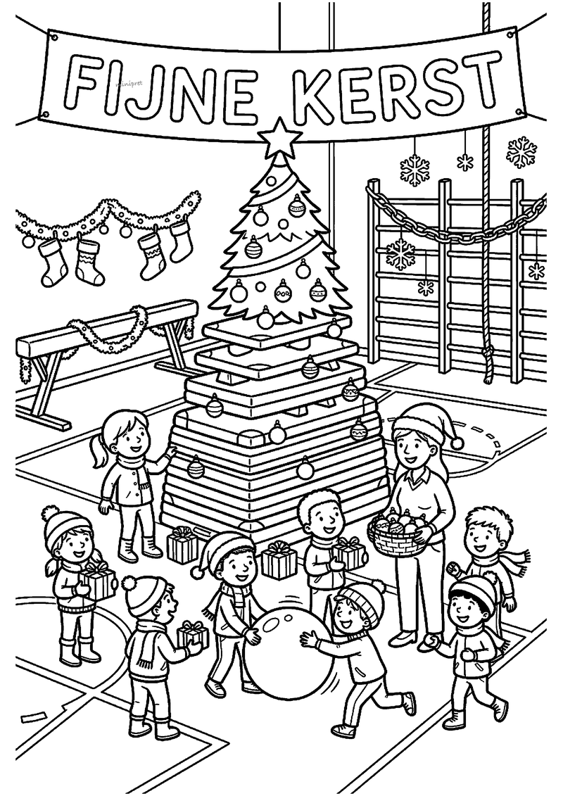 Kleurplaat van kinderen in gymzaal rond grote kerstboom op turntoestellen met FIJNE KERST spandoek, kerstmutsen en bal.