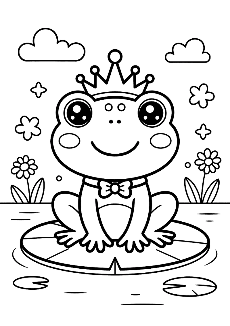 Kawaii kleurplaat van een lachende kikker met een gouden kroon en een vlinderstrikje die zit op een waterlelie in een vi