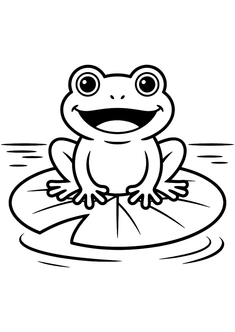 Kleurplaat van een lachende kikker die op een rond waterlelieblad in een vijver zit, water zichtbaar rondom
