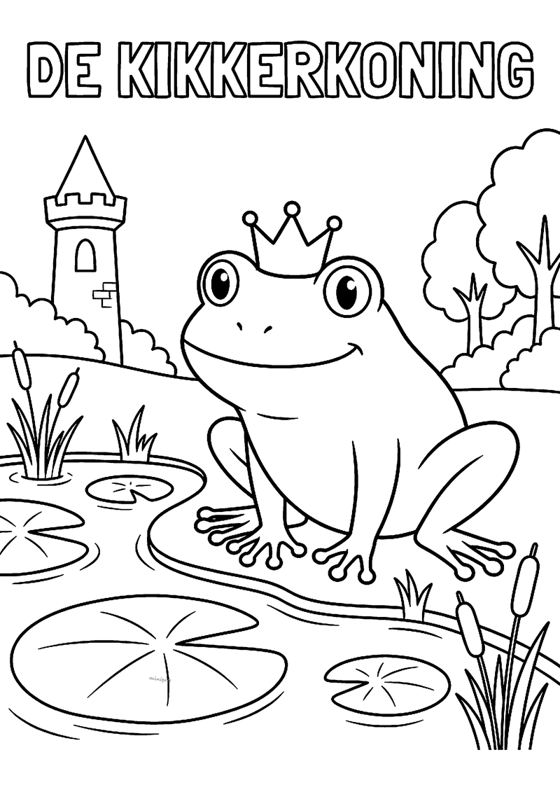 Kleurplaat van een grote kikker met kroon bij een vijver met lelieblaadjes, met een kasteeltoren op de achtergrond