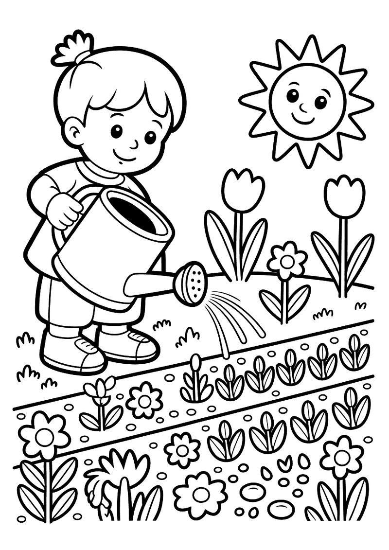Kleurplaat van een klein kind dat met een gieter een tuinperk met tulpen en andere bloemen water geeft, lachende zon in 
