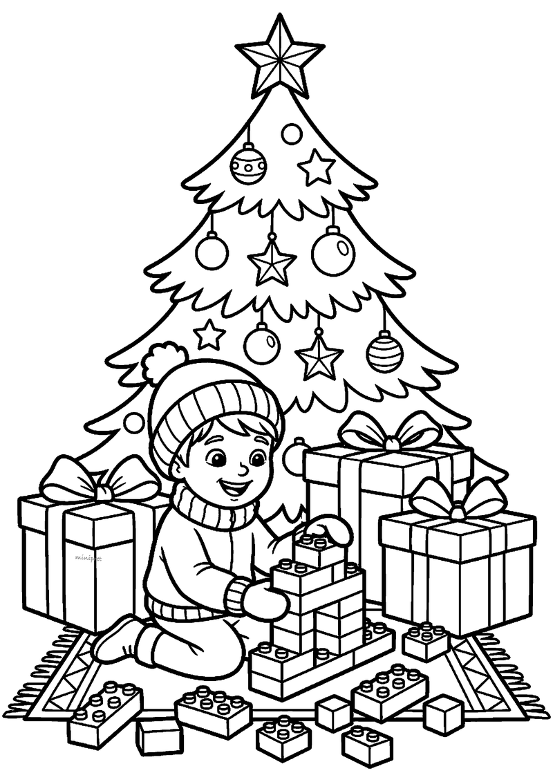 Kleurplaat van een lachende jongen met muts en wanten die legoblokjes bouwt onder een grote kerstboom met cadeaus.