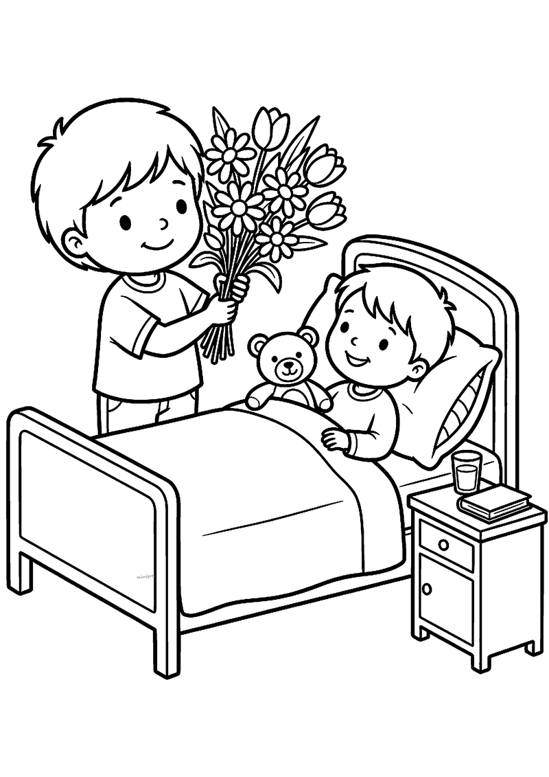 Kleurplaat van een jongen die een bos bloemen brengt naar een vriend die in bed ligt met een teddybeer