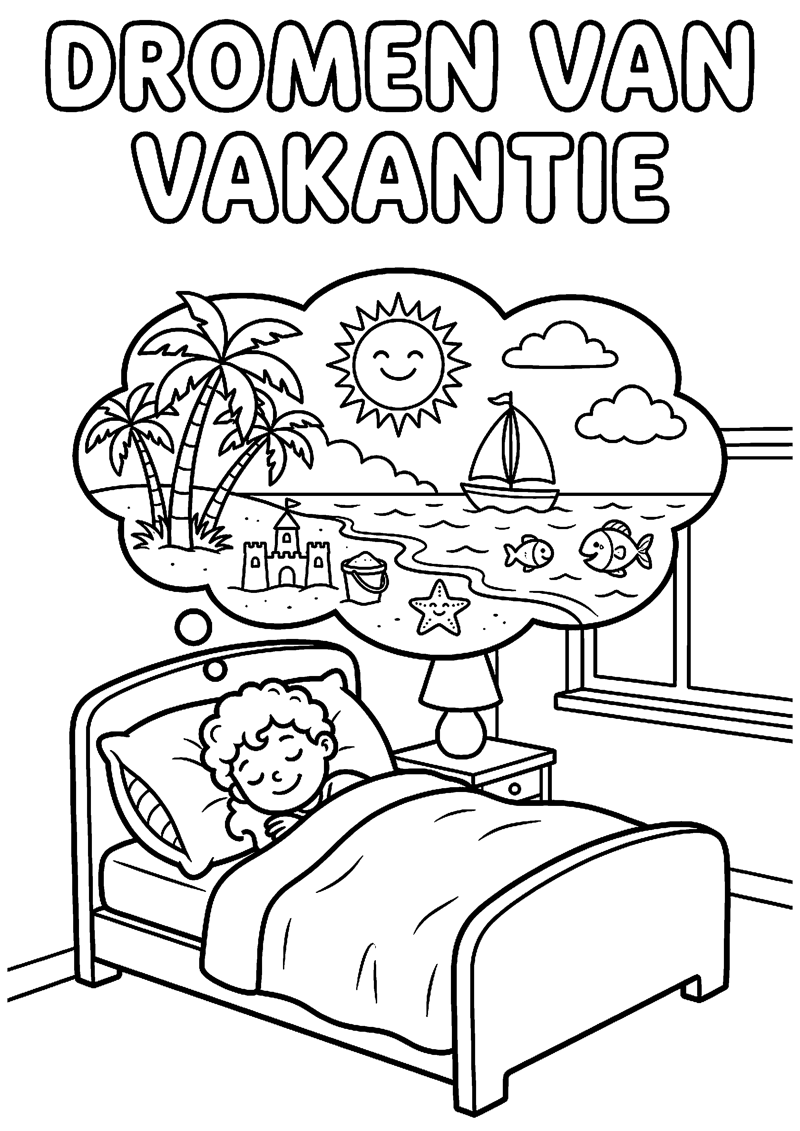 Kind Droomt van Zon Zee en Vakantie met Tekst Dromen van Vakantie Vakantie Kleurplaat — gratis kleurplaat printen