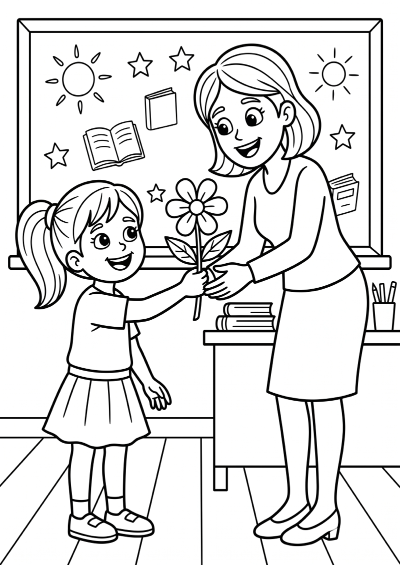 Kind Geeft Bloem aan Juf Einde Schooljaar Kleurplaat — gratis kleurplaat