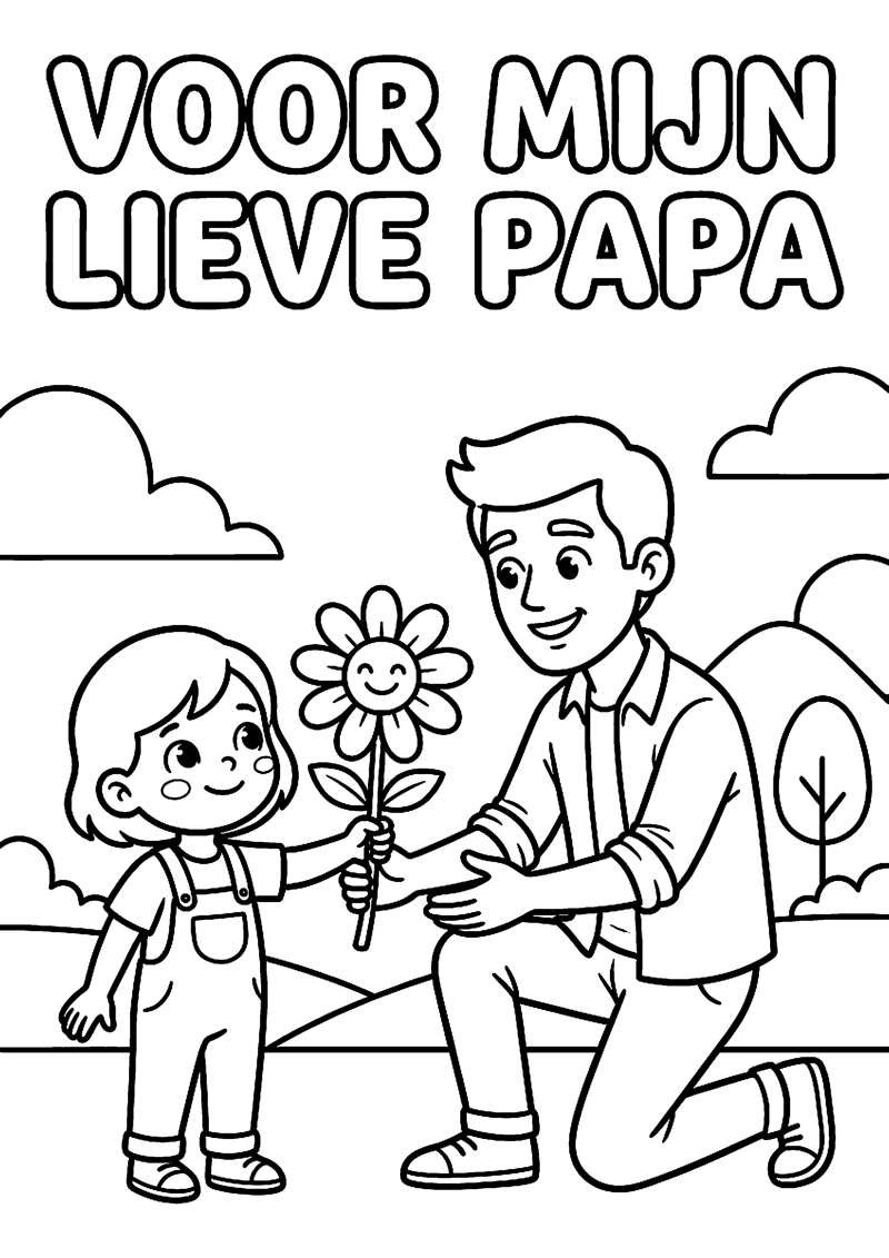 Kind Geeft Bloem aan Papa met Tekst voor Mijn Lieve Papa Vaderdag Kleurplaat