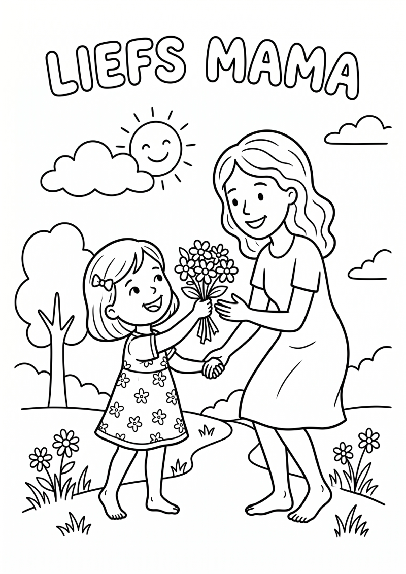 Kind geeft bloemen aan moeder met tekst liefs voor mama kleurplaat — gratis kleurplaat