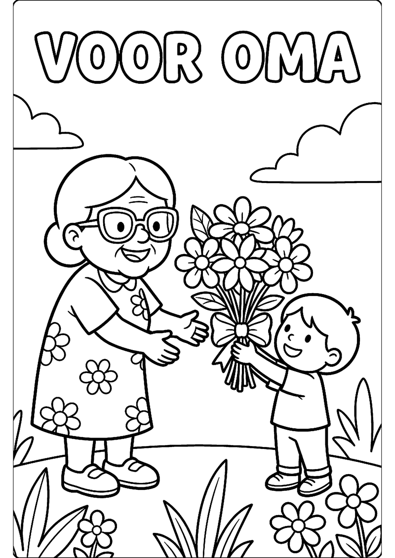 Kind Geeft Bos Bloemen aan Oma met Tekst voor Oma Oma Kleurplaat — gratis kleurplaat