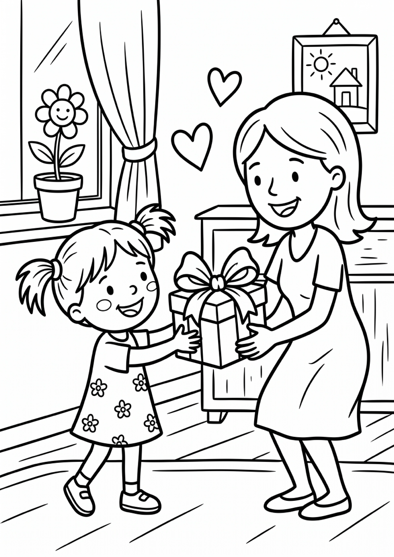 Kind geeft cadeau aan moeder kleurplaat — gratis kleurplaat