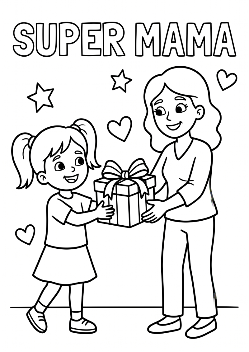 Kind geeft cadeau aan moeder met tekst super mama kleurplaat — gratis kleurplaat