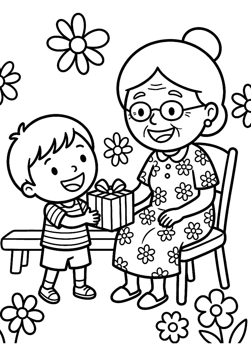 Kind Geeft Cadeau aan Oma Oma Kleurplaat — gratis kleurplaat printen