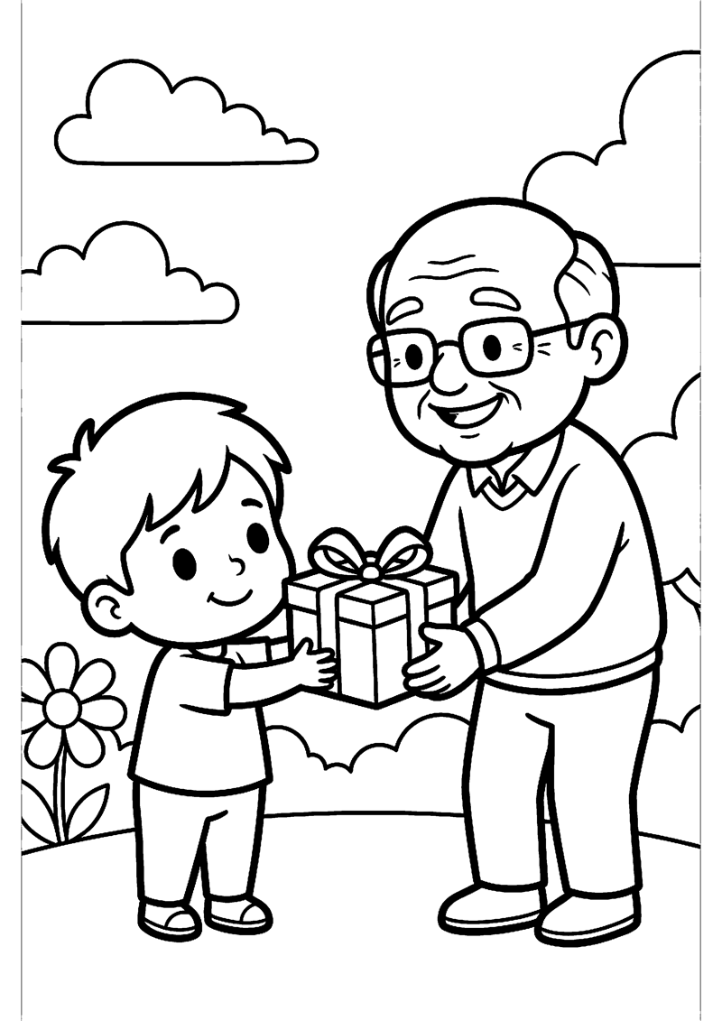 Kind Geeft Cadeau aan Opa Opa Kleurplaat — gratis kleurplaat printen