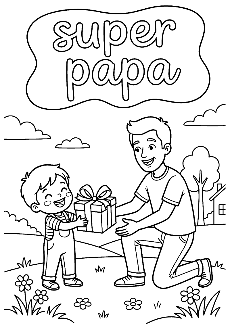 Kind geeft cadeau aan vader met tekst super papa kleurplaat