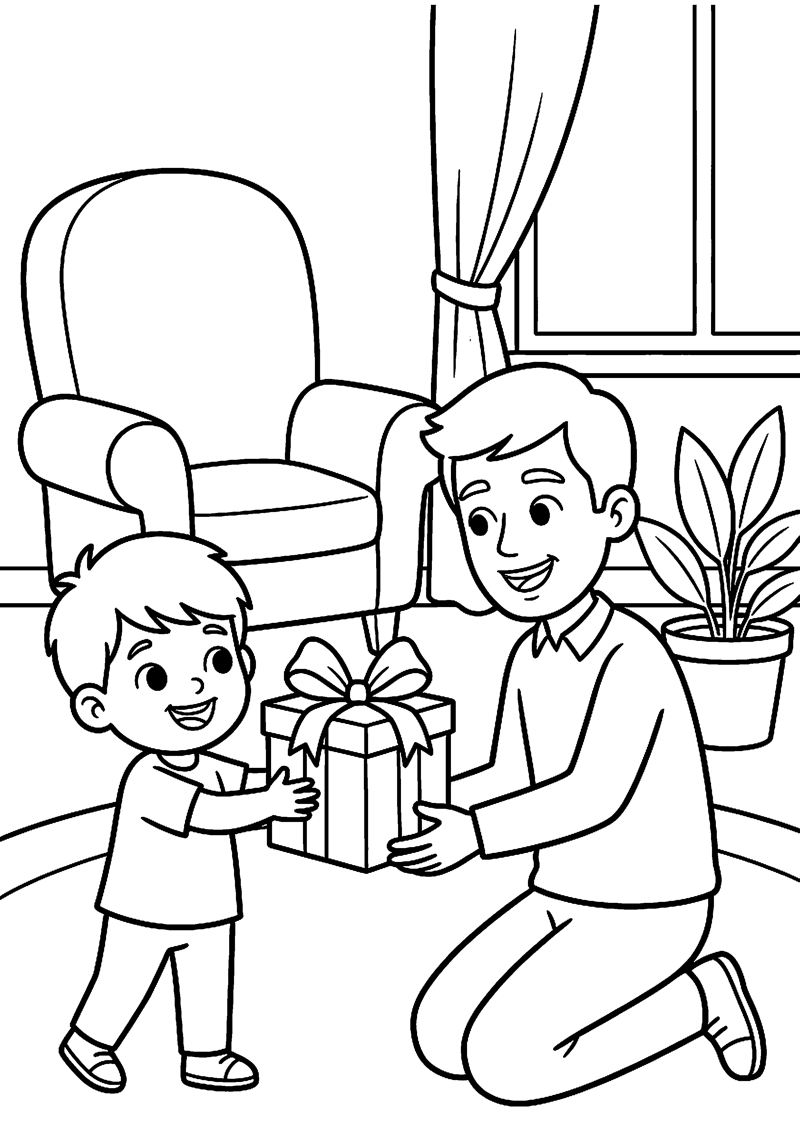 Kind Geeft Cadeau aan Vader Vaderdag Kleurplaat — gratis kleurplaat printen