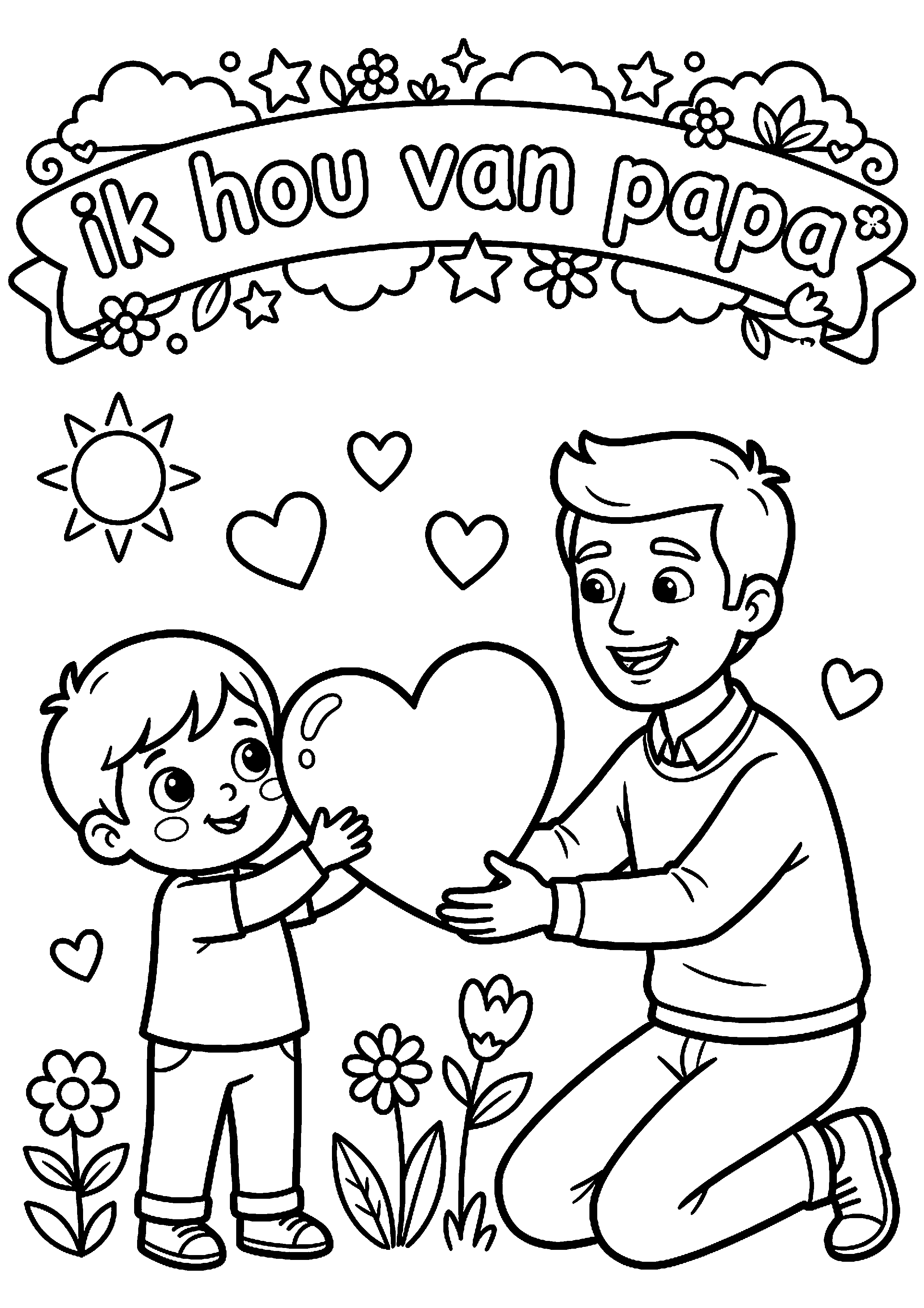Kind geeft groot hart aan vader met tekst ik hou van papa kleurplaat — gratis kleurplaat