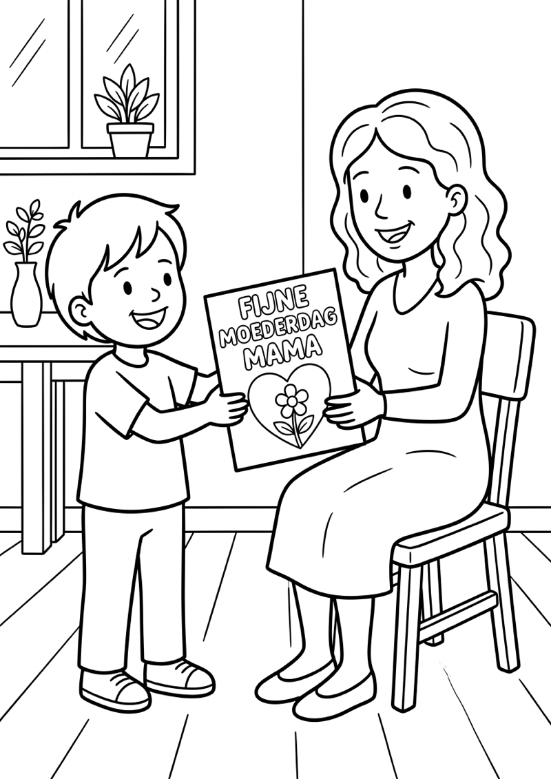 Kind geeft kaart aan moeder met tekst fijne moederdag kleurplaat