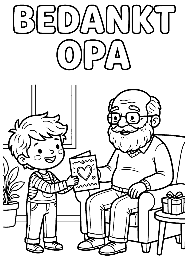 Kind Geeft Kaart aan Opa met Tekst Bedankt Opa Opa Kleurplaat — gratis kleurplaat