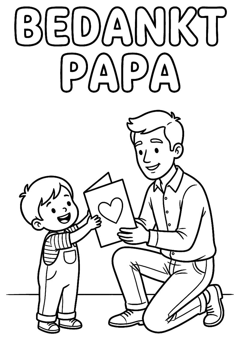 Kind Geeft Kaart aan Papa met Tekst Bedankt Papa Vaderdag Kleurplaat
