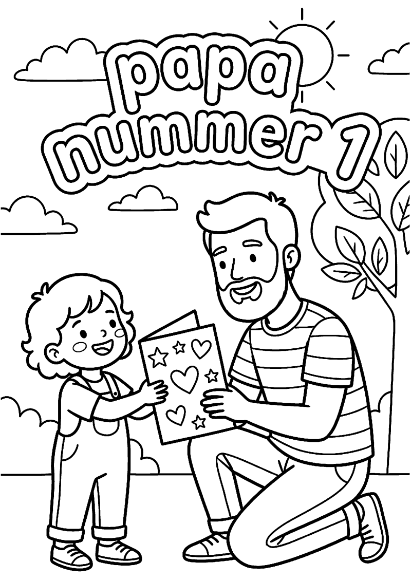 Kind geeft kaart aan vader met tekst papa nummer 1 kleurplaat