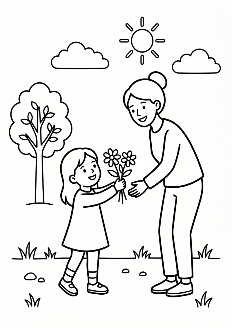 Kind geeft moeder bloemen kleurplaat — gratis kleurplaat