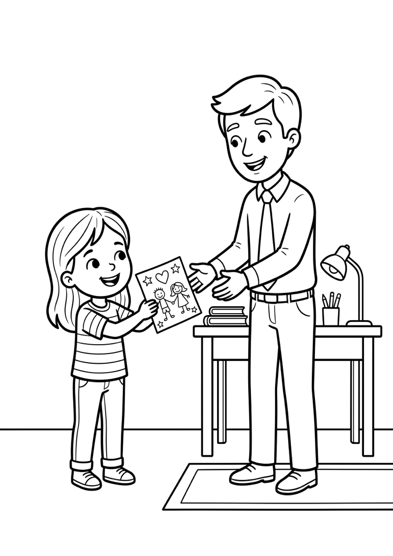 Kind Geeft Tekening aan Meester Einde Schooljaar Kleurplaat — gratis kleurplaat