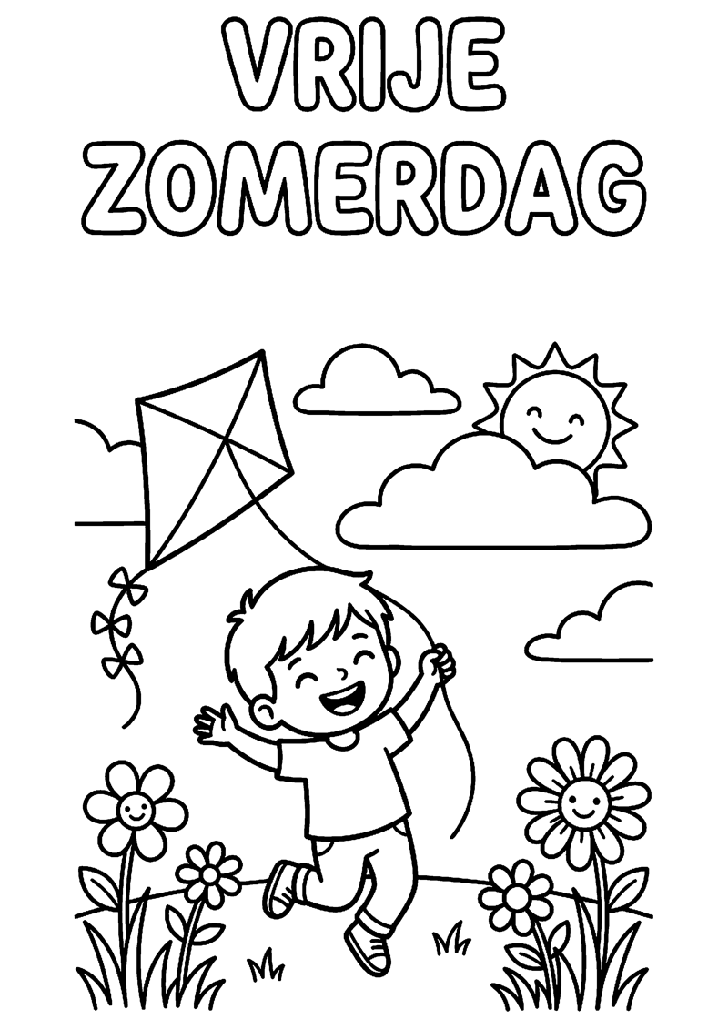 Kind Geniet van Vrije Zomerdag Buiten met Tekst Vrije Zomerdag Zomervakantie Kleurplaat — gratis kleurplaat