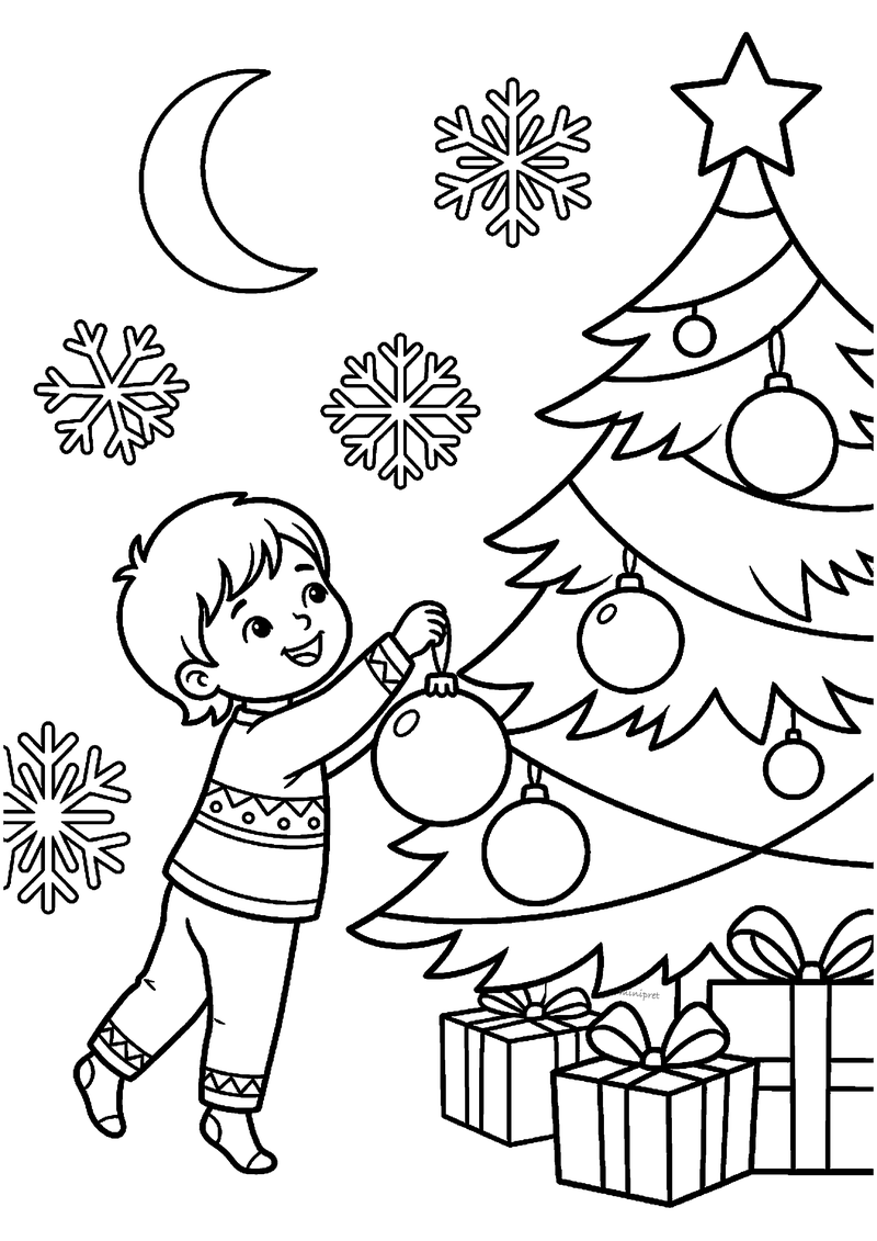 Kleurplaat van een jongen in pyjama die de eerste kerstbal in de boom hangt, met maan, sneeuwvlokken en cadeaus.
