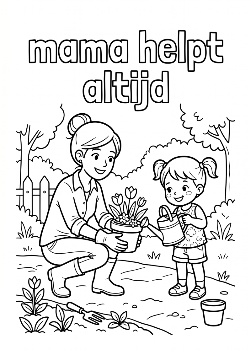 Kind helpt moeder in tuin kleurplaat — gratis kleurplaat