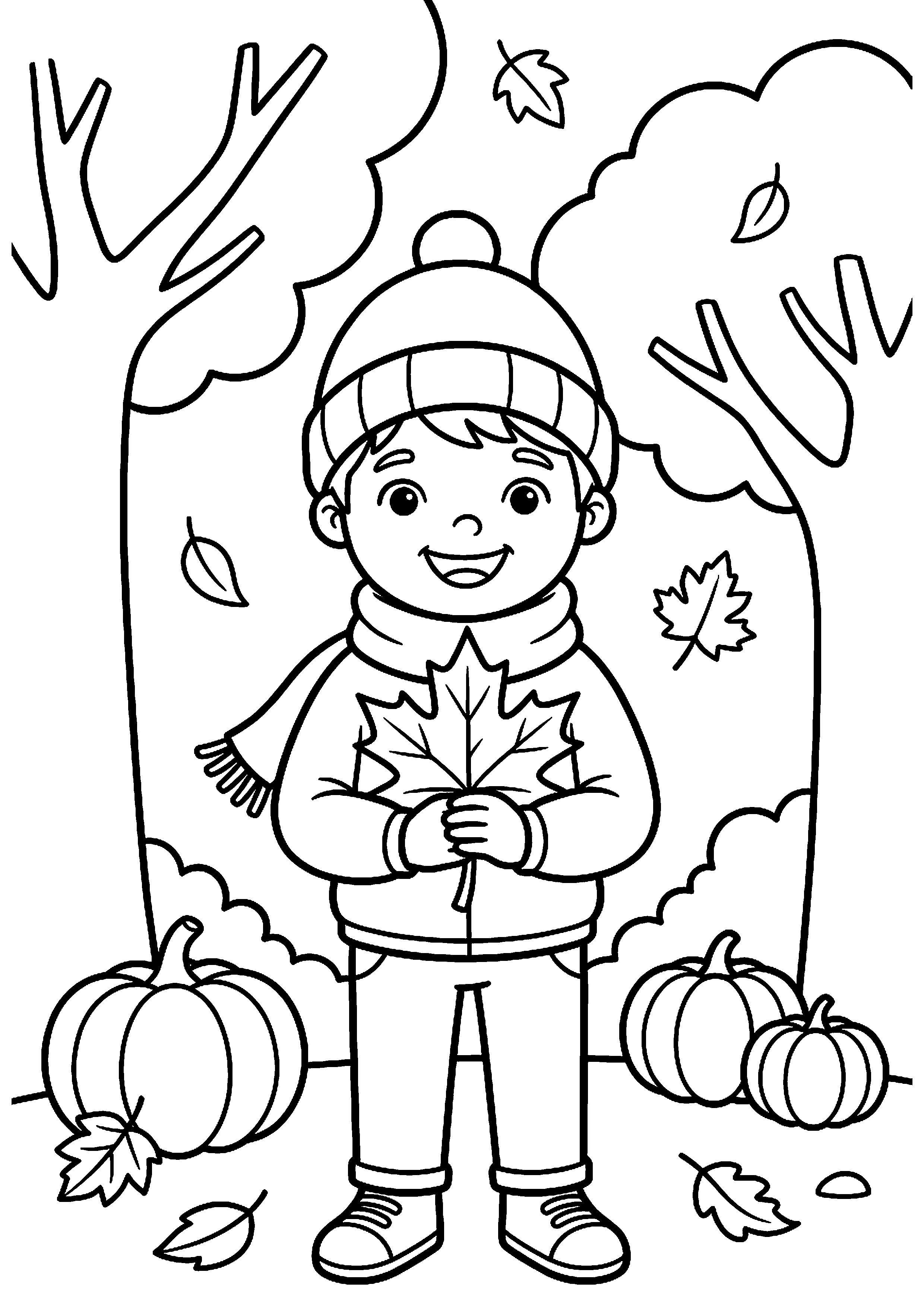 Kind houdt herfstblad vast kleurplaat — gratis kleurplaat