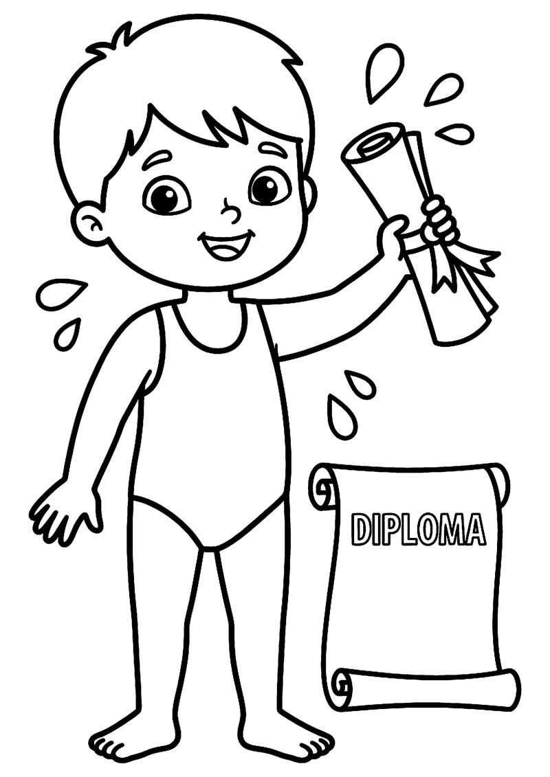 Kind in Zwemkleding met Diploma en Waterdruppels Geslaagd Kleurplaat — gratis kleurplaat