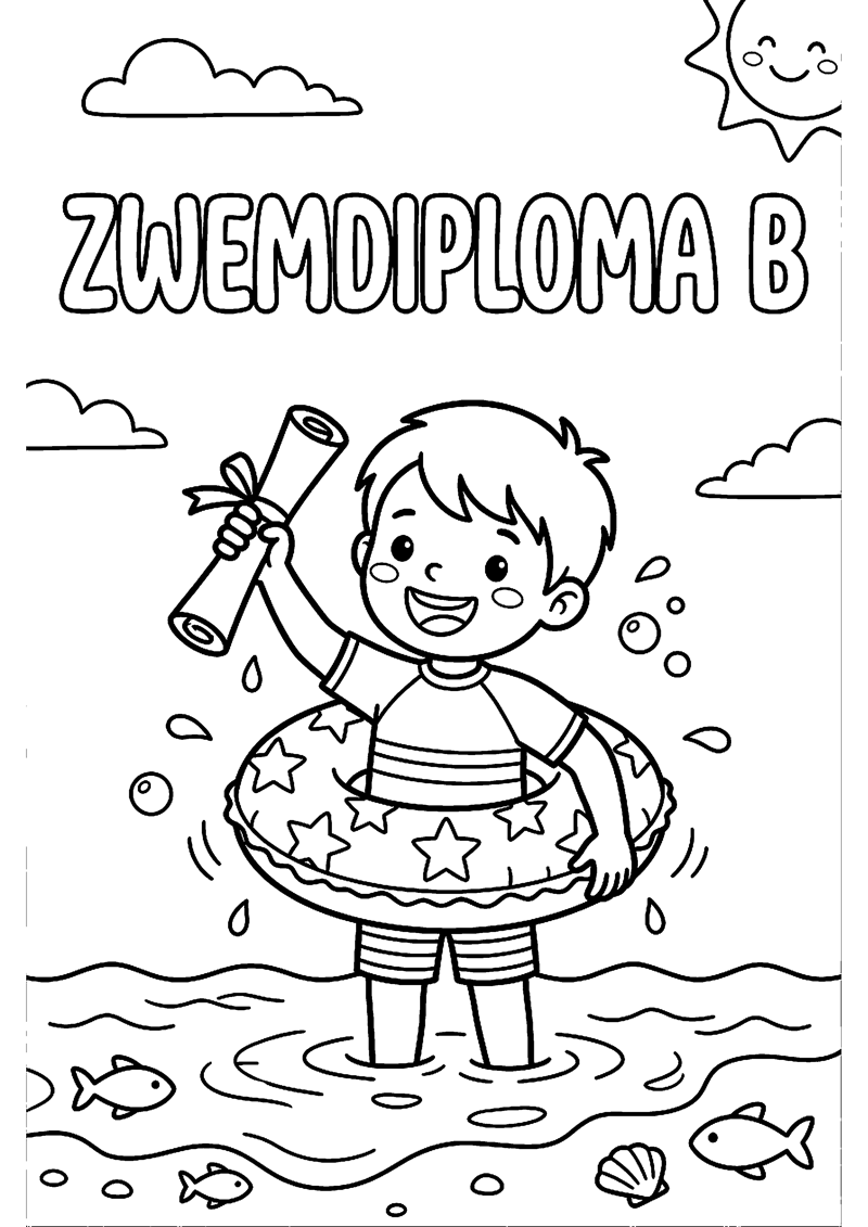 Kind in Zwemkleding met Diploma en Zwemband met Tekst Zwemdiploma B Geslaagd Kleurplaat — gratis kleurplaat