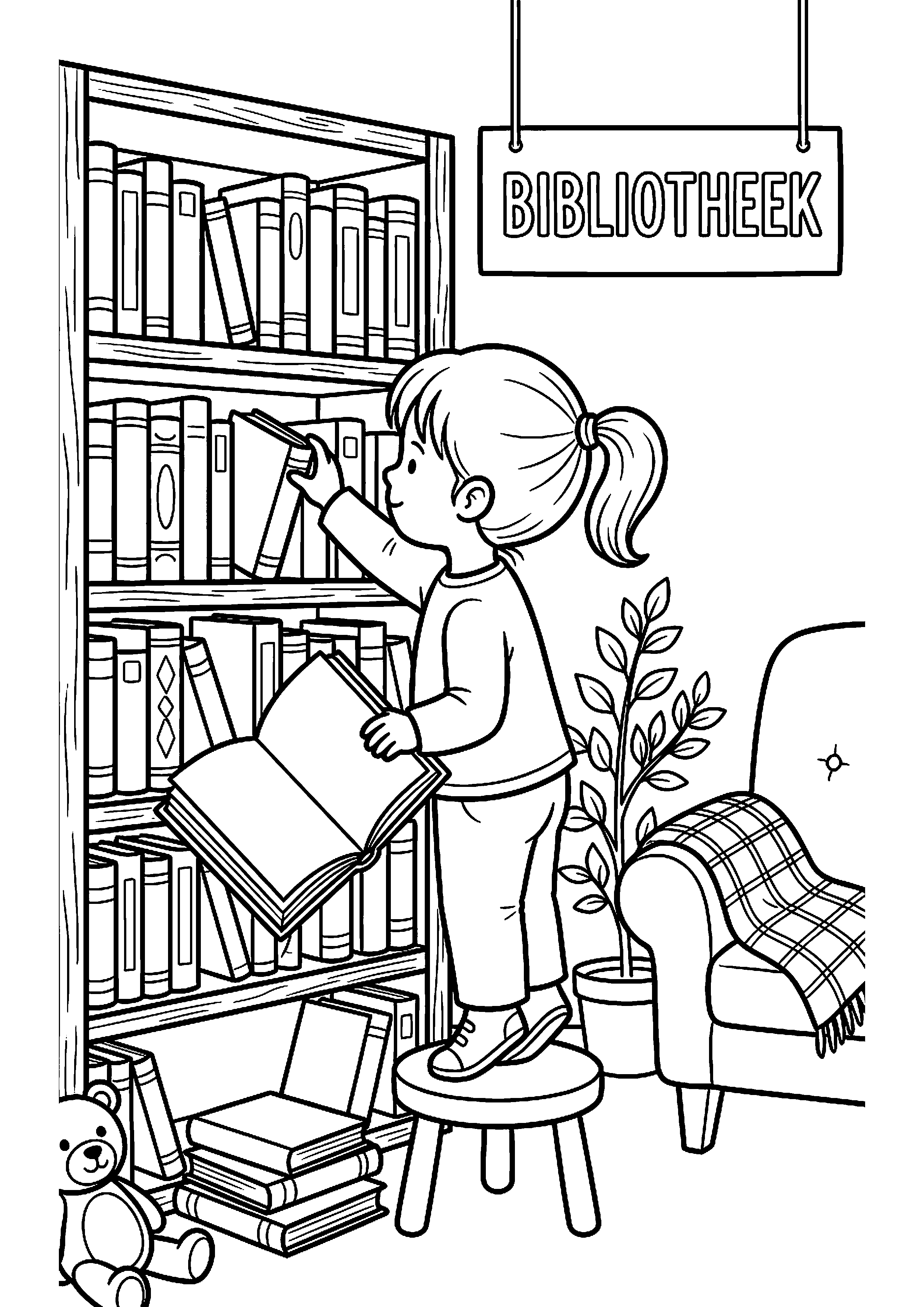 Kind kiest boek in bibliotheek kleurplaat — gratis kleurplaat