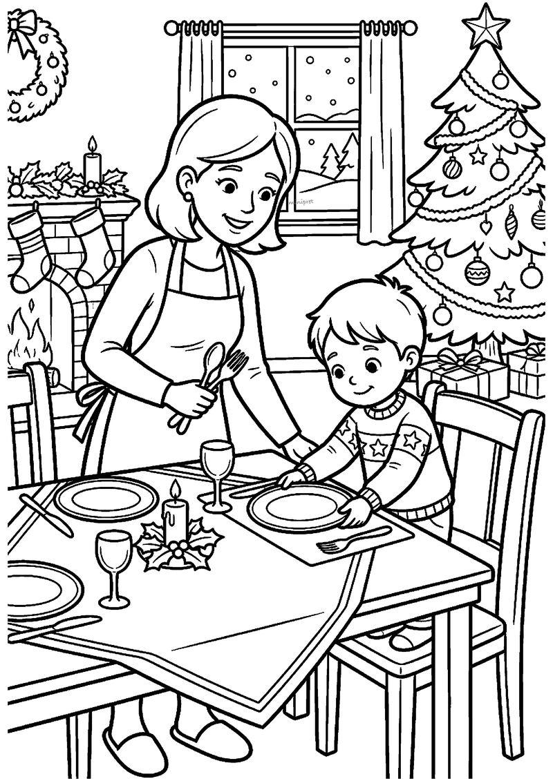 Kleurplaat van moeder en zoontje die samen de kersttafel dekken met borden, wijnglazen en bestek bij kerstboom en haard.