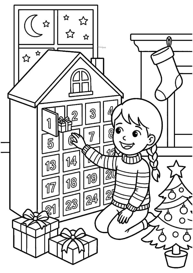 Kleurplaat van lachend meisje met vlecht dat het eerste vakje van een huisvormige adventskalender opent.
