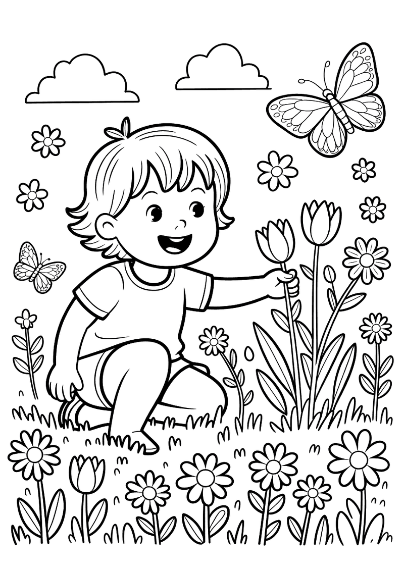 Kleurplaat van een kind dat in een bloemenveld bloemen plukt, vlinders fladderen om hem heen, bewolkte lucht