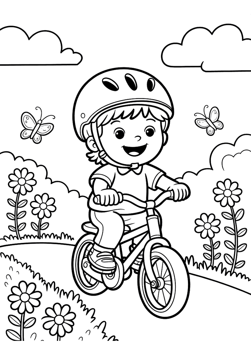 Kleurplaat van een lachend kind met fietshelm dat op een fiets rijdt langs bloemen en vlinders, wolken in de lucht