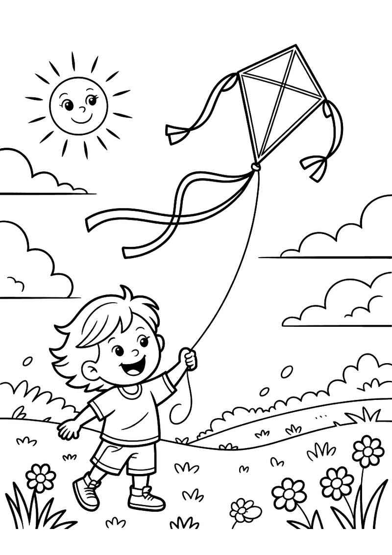 Kleurplaat van een lachend kind dat een vlieger oplaat in een lenteweide met bloemen en een stralende zon aan de hemel