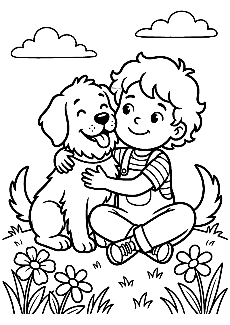 Kleurplaat van een kind met krullen dat in kleermakerszit in het gras een hond met tong uit zijn bek knuffelt
