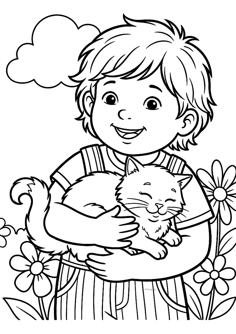 Kleurplaat van een lachend kind dat een tevreden pluizige kat in zijn armen draagt, met bloemen op de achtergrond