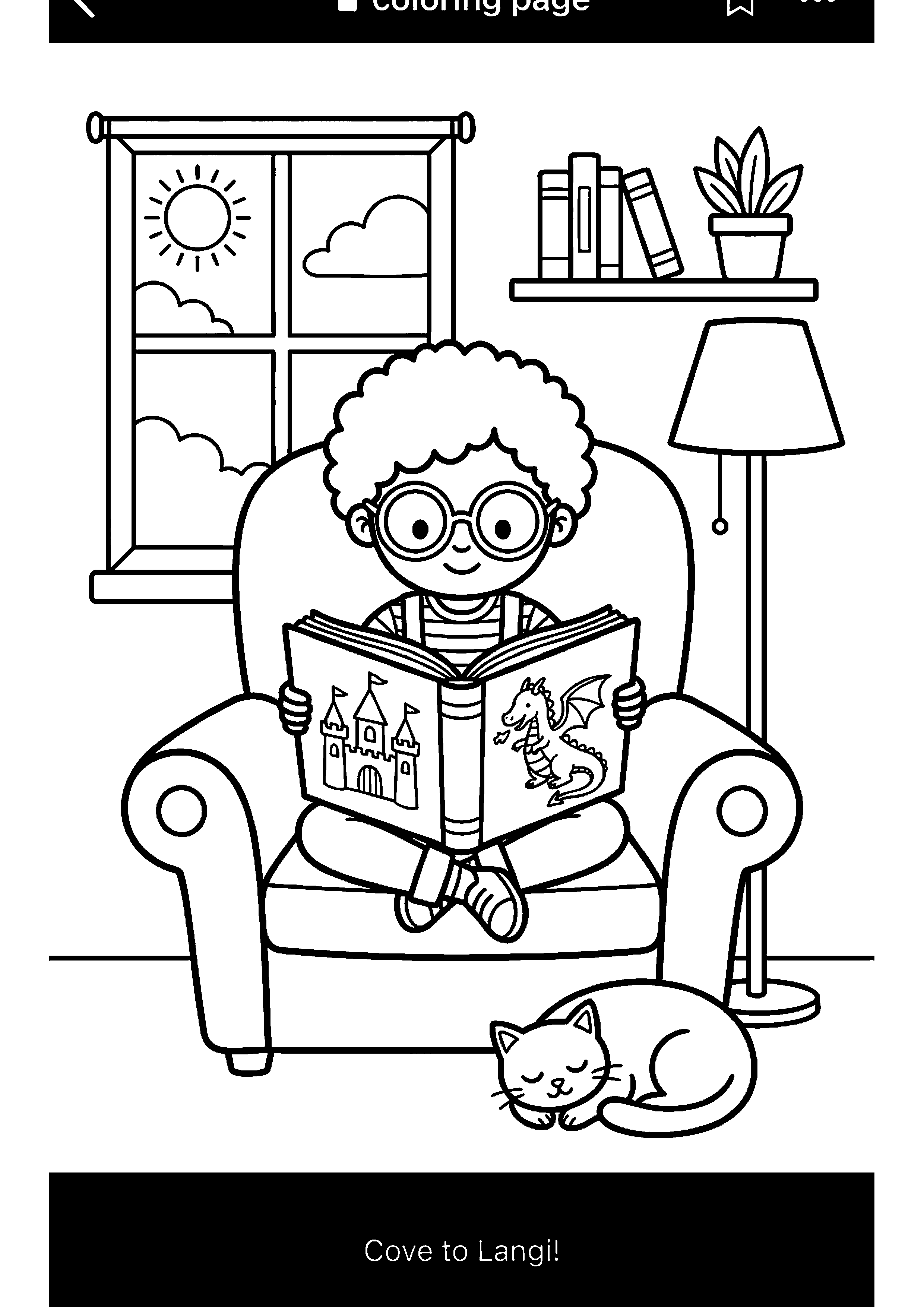 Kind leest avonturenboek kleurplaat — gratis kleurplaat